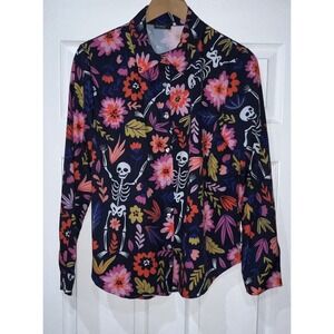 Izuria‎ Blue Floral Whimsical Long Sleeve Button Up Blouse Size Large